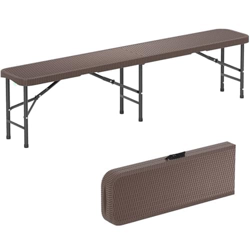 Image of COSTWAY 6FT Portable Folding Bench, Fold in Half Plastic Bench Seat with Carry Handle, Indoor Outdoor Waterproof Patio Benches Camping Dining Seat for Soccer Sports Picnic Party (1, Brown)