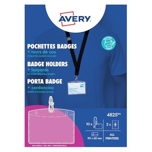 Image of Avery Name Badge Holders with Lanyards, 60 x 90 mm, PVC-Free Polypropylene, Includes FSC Paper Inserts, Easy Pop-Out, Pack of 10 (4825)