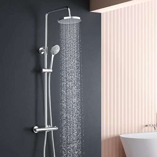 Image of YOOZENA Thermostat Shower Set,Height Adjustable Shower Mixer Set with Overhead Shower,Thermostatic Shower Mixer bar,3-Types Handheld Shower, Shower System for Bathroom,Chrome