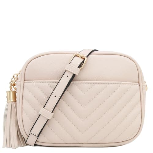 Image of FashionPuzzle Chevron Quilted Crossbody Camera Bag with Chain Strap and Tassel, Nude, One Size (FP-EM1288)