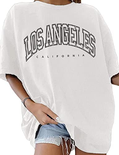 Image of TOMEEK Womens Tops Oversized t Shirts for Women Vintage Drop Shoulder Short Sleeve Top Crewneck Tee Casual Letter Print Round Neck Summer Tops for Teen Girls(White,L)