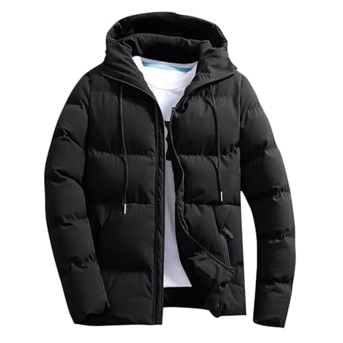 Image of Men's Puffer Jacket Casual Full Zip Long Sleeve Hooded Coats Warm Solid Color Drawstring Quilted Down Jackets Lightweight Padded Outerwear for Cold Weather Fashion Streetwear Parkas Outwear
