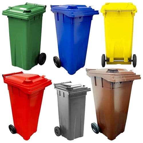 Image of Wheelie Bins Compact 140L Red, Blue, Green, Brown, Grey & Yellow Home Workplace Waste Disposal Bins Ideal for Flats, Garages, Factories, Warehouses With Strong Rubber Wheels & Lids (Brown)
