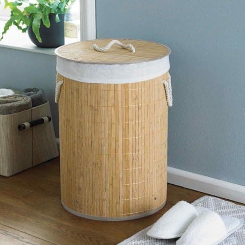 Image of COUNTRY CLUB Round Bamboo Laundry Hamper Basket Clothes Storage Organizer with Lid, Natural, 35 x 35 x 50cm