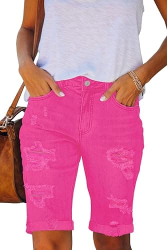 Image of Necooer Women's Summer Casual Denim Shorts Double Button Ripped Jeans Rolled Up Stretchy Hot Pink Short(XXL,01-Hot Pink)
