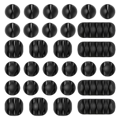 Image of URAQT Cable Clips Holders, 30 Pcs Cable Tidy Clips Cord Organiser Clips, Silicone Adhesive Desktop Cord Holder, Charging Cord Cable Management for Home Office Car and Desk, Black