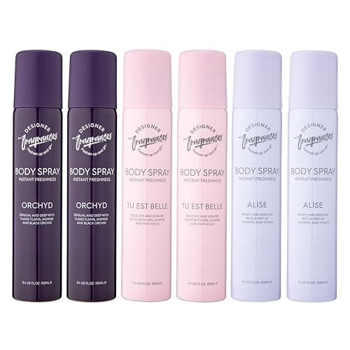 Image of Designer Fragrances 6 Pack Assorted Aromas Bundle - Tu Est Belle, Orchyd, Alise - Women's Body Spray Deodorant Cans - For Instant Freshness on The Go - Long Lasting Smell, Great Gifts - 100ml