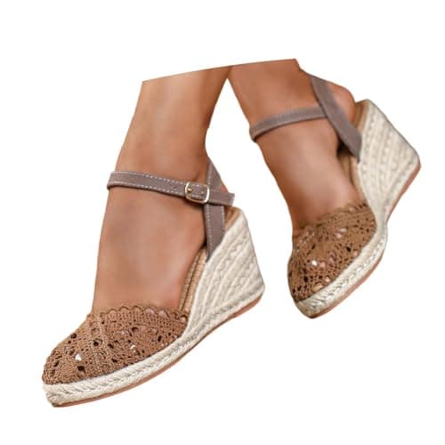 Image of Generisch Summer Espadrille Sandals with Lace-Up Toe Cap in Plain Weave Pattern for Everyday Holiday Leisure Stylish Women's Sandals, brown, 7 UK