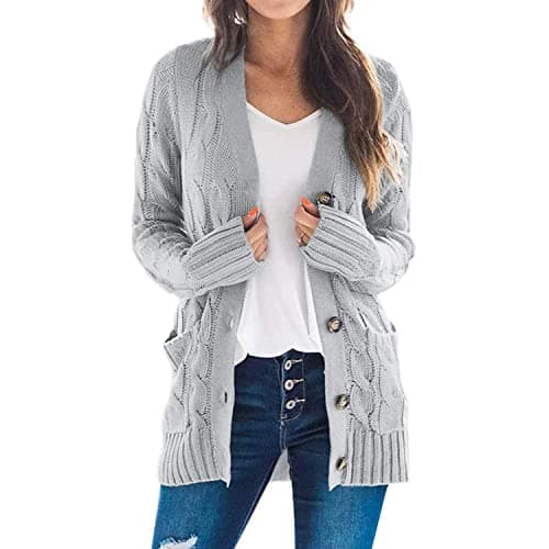 Image of Easygou Womens Button Cardigan Sweater Coat Cable Chunky Knit Oversized Sweater Soft Long Sleeve Open Front Slouchy Pocket Outwear Coat (Grey,L)