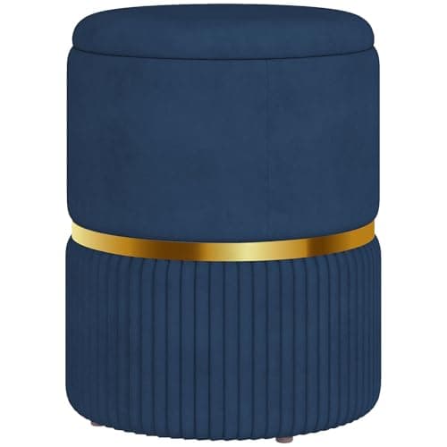Image of HOMCOM Round Storage Stool, Velvet-feel Fabric Upholstered Vanity Stool with Removable Top, Padded Seat and Hidden Space for Living Room, Bedroom, Dark Blue