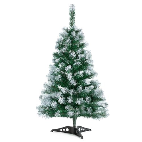 Image of 3FT Artificial Christmas Tree Green Mini Tabletop Christmas Pine Tree with Flocking Snow Frost Tips Plastic Stand Small Xmas Tree for Indoor Outdoor Holiday Home Decoration