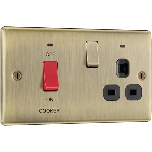 Image of BG Electrical Cooker Switch with Socket and LED, Cooker Control Unit, Control Socket, Double Pole, Raised Profile, Round Edges, Nexus Metal, Antique Brass, 45A, NAB70B