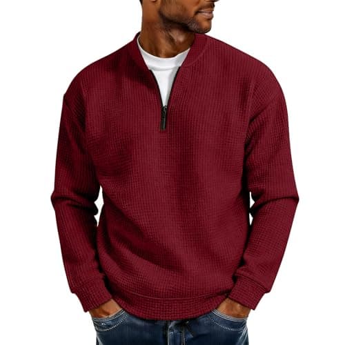 Image of Slxbear Red Mens Quarter Zip Sweatshirts Pullover Waffle Knit Sweaters Long Sleeve Shirts Basic Solid Color Tees Lightweight Texture Regular Fit Shirts XXL