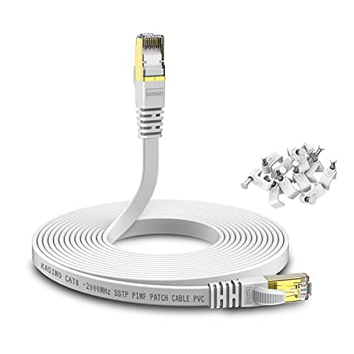 Image of KASIMO Cat 8 Flat Ethernet Cable 10M Internet LAN Cable with Cable Clips 40Gbps 2000MHz High Speed Network Patch Cable White SSTP Ethernet Cord with RJ45 Connector for Router Modem Switch Gaming