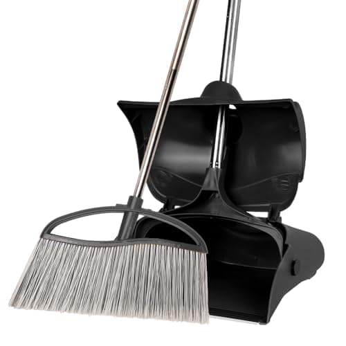 Image of GLOYY Long Handled Broom and Dustpan Set Commercial Sweep Set and Lobby Broom Upright Grips Sweep Set with Broom, Adjustable Height，Black
