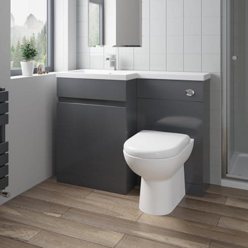 Image of Artis 1100mm Combination Vanity Unit Furniture Set, Wash Basin Bathroom Sink, BTW Toilet Pan & Soft Close Seat, L Shaped Storage Cabinet, Left Hand, Grey Gloss