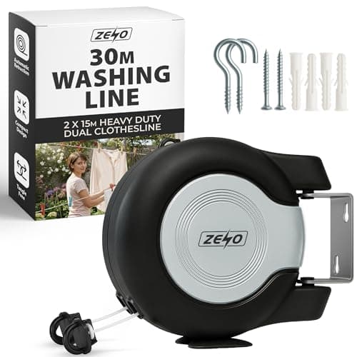Image of ZENO Retractable Washing Line 30M | Heavy Duty Dual Clothes Line with Automatic Retraction | Wall Mounted Laundry Airer for Indoor and Outdoor Use | Space Saving Design | 2x15M Long Line | Grey