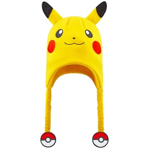 Image of Pokemon Beanie Hat for Kids Anime Warm Knitted Winter Hat Pikachu Gengar Eeevee for School Travel Days Out Cosy Gifts for Gamers (5-12 Years, Yellow Pikachu Pokeball)