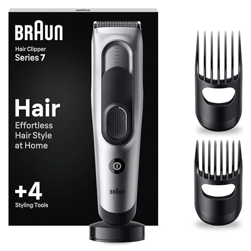 Image of Braun Hair Clipper Series 7, Featuring Lifetime-Sharp Blades, Men's Hair Clipper with 17 Length Settings, with 4 Styling Tools, 50-min runtime, Gifts for Men, HC7390, Silver