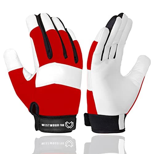 Image of WESTWOOD FOX Gardening Working Gloves Garden Thorn Proof Flexible Heavy Duty Leather Mechanic Utility Dexterity Breathable Construction Gloves for Work Mens Women (XL, Red)