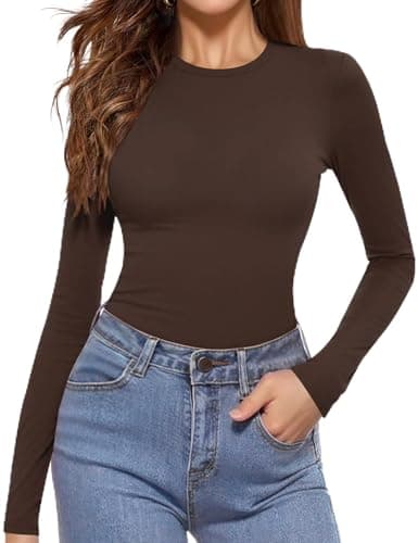 Image of Aottori Womens Long Sleeve Tops Ladies Round Neck Base Layer Shirts Casual Slim Fitted Undershirt Lightweight Basic Tunic Pullover Brown L