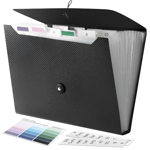 Image of Lamitocs Expanding File Folder A4,13 Pockets File Organiser with Colored Tags, Paperwork A4 Plastic Wallet Document Storage Expander for School,Office and Home, Black