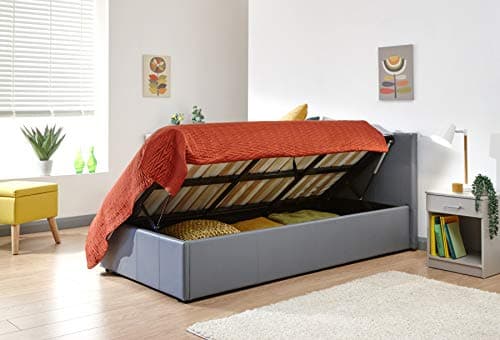 Image of Home Source Side Lift Ottoman Storage 3ft Bed with 90cm Faux Leather Headboard, Grey, Double ,SLO090GRY