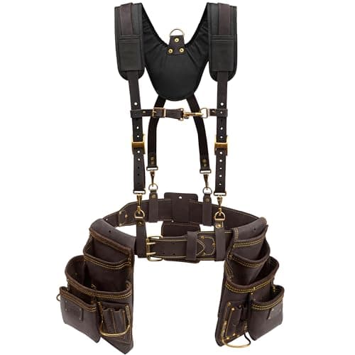 Image of OX Pro Oil Tanned Leather Framing Rig with (XL) Belt and Padded Suspenders Leather Framing Tool Belt with Suspenders and Tool Pouches Dual Hammer Holsters OX-P263610