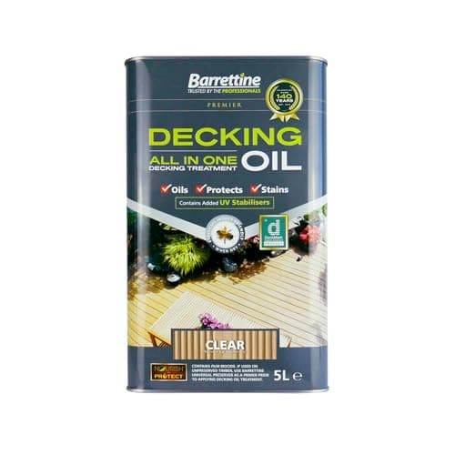 Image of Barrettine Decking Oil (Clear, 5L) - UV & Fade Resistant All-in-One Outdoor Decking Treatment, Water Repellent Deck Oil for Exterior Timber & Structures