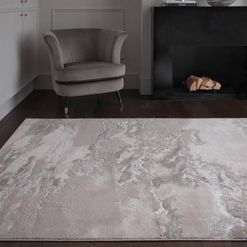 Image of Lord of Rugs Modern Abstract Shiny Rug Silky Shimmer Soft High-Shine Carpet for Living Room, Bedroom Luxury Geometric and Marbled Patterns Rug Cloud AU02 Grey/Silver, Medium 120 x 170 cm (4'x5'6")