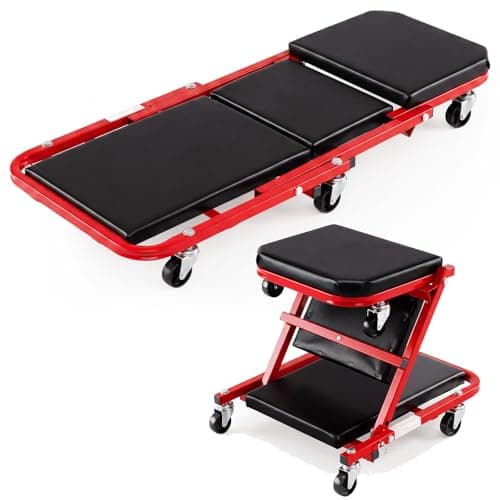 Image of TANGZON 2-In-1 Folding Mechanics Creeper Seat, 150KG/160KG Convertible Padded Rolling Car Creeper with 6 Universal Wheels, Heavy Duty Roller Garage Seat (160kg, Black+Red, 102 x 42 x 12 cm)