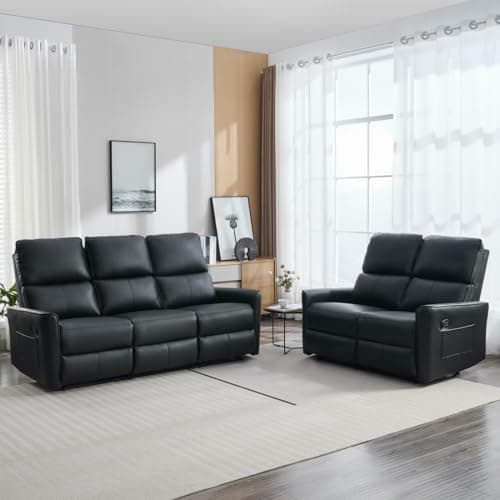 Image of More4Homes MADRID 2+3 SEATER MANUAL RECLINER AIR LEATHER SOFA SET (Black)