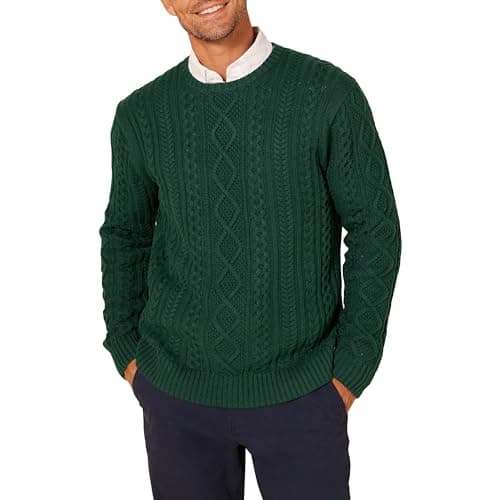 Image of Amazon Essentials Men's Long-Sleeve 100% Cotton Fisherman Cable Crewneck Jumper, Dark Green, XS