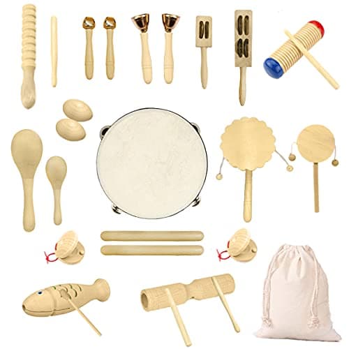 Image of Ulifeme Wooden Musical Instruments, 27pcs Percussion Instruments for Baby, Kids and Toddler, Children's Pure Wood Toys Set, Premium Percussion Rhythm Kit, Girls and Boys Gift, Pure Cotton Bag Packed
