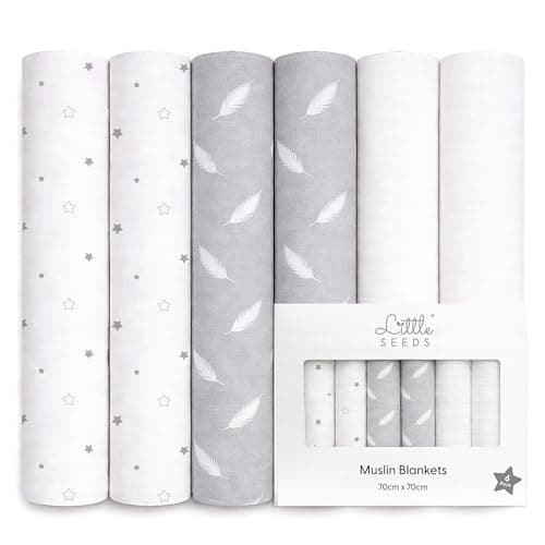 Image of Little Seeds Baby Muslin Cloths 70 x 70cm, 6 Pack | Soft & Absorbent Muslin Squares & Burp Cloths for Newborns | Breathable Baby Cloths - WHITE & GREY