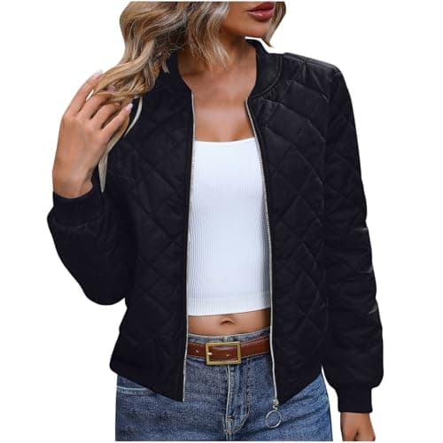 Image of Women's Diamond Quilted Jackets Full Zip Winter Bomber Jacket Padded Coats Casual Warm Jacket Collarless Short Sport Outwear with Pockets Solid Color Long Sleeve Slim Fit Puff Jackets Outwear