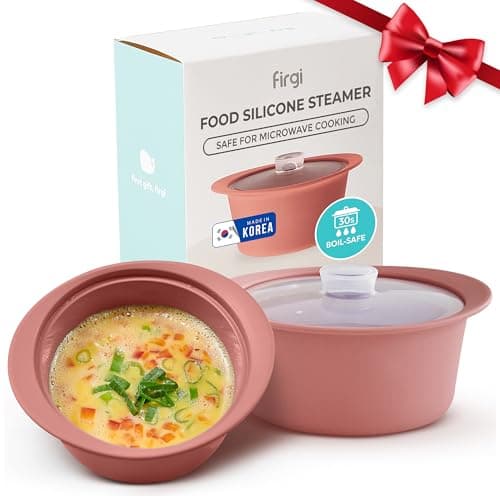 Image of FIRGI 27fl.oz (3.4cup) Silicone Microwave Steaming Pot with Handle & Lid for Easy Cooking Vegetables, Egg, Noodles Soup Non-Stick Dishwasher Safe Easy Clean Made in Korea Dry Rose 800ml