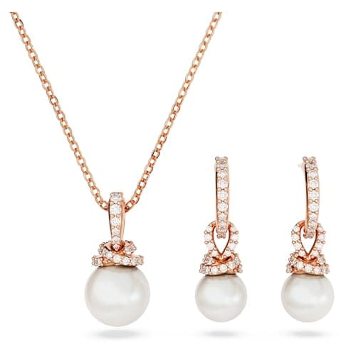 Image of Swarovski Originally Hoop Earrings and Pendant Necklace Set, Crystal Pearl and White Crystal Pavé, Rose Gold-Tone Plated Setting, from the Originally Collection