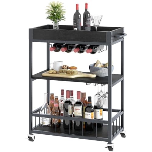 Image of Bar Cart, 3 Tier Serving Trolley, Rolling Wine Trolley, Serving Cart with Wine Rack and Handle, Kitchen Storage Carts With Wheels, Tea Drink Trolley for Dining Living Room Bedroom Outdoor, Black