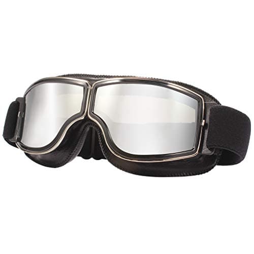 Image of Ashilun Retro Pilot Motorcycle Goggles - Fog-Proof Warm Riding Goggles for ATV, Bike, Motocross - Safety Glasses (Black Frame, Silver Mirrored Lens)