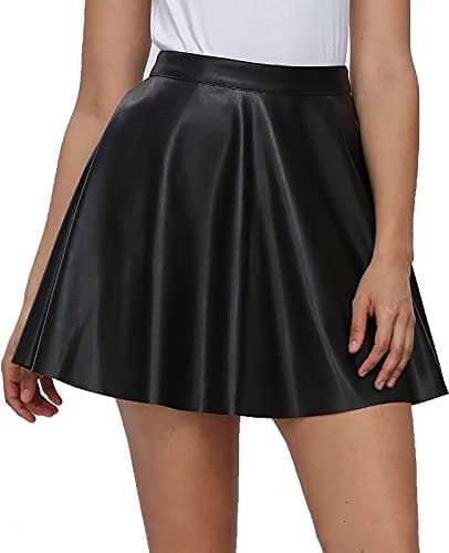 Image of Fahsyee Plus Size Leather Skirt, Women's Black Pleated Skater Mini A-line Vegan Faux High Waist Casual Stretchy Size XL