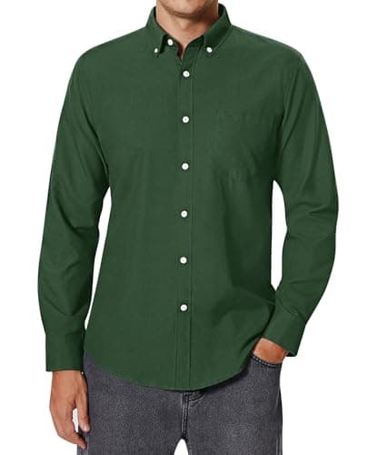 Image of siliteelon Oxford Shirts for Men Casual Long Sleeve Smart Mens Fashion Button Down Green Shirt Regular Fit with Pocket M