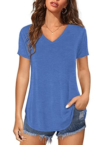 Image of Florboom T Shirts for Women V Neck Summer Tops Plain Irregular Hem Tees, Blue 18 20
