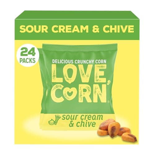 Image of LOVE CORN Sour Cream & Chive Crunchy Corn (24 x 20g) - High Fibre Snack, Gluten-Free, Vegan, Kosher, Low Sugar, Healthy Lunchbox Graze, Plant Based Crisps Alternative, UK Made, Delicious Snack