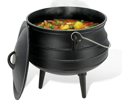 Image of VG® Pre-Seasoned Cast Iron Cauldron Cooking Pot|8 Litre 27cm Diameter African Potjie Pot with Lid and 3 Legs for Even Heat Distribution | Premium Camping Cookware for Campfire, Coals, 27cm Height