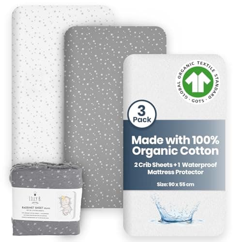 Image of Lilly Belly - Next to me Crib Sheets - Organic Cotton Fitted Crib Sheets | 2+1 Waterproof Protector Compatible with Next to Me Crib, Snuzpod and All Bedside Cribs, bassinets up to 90x55cm Pack of 3.