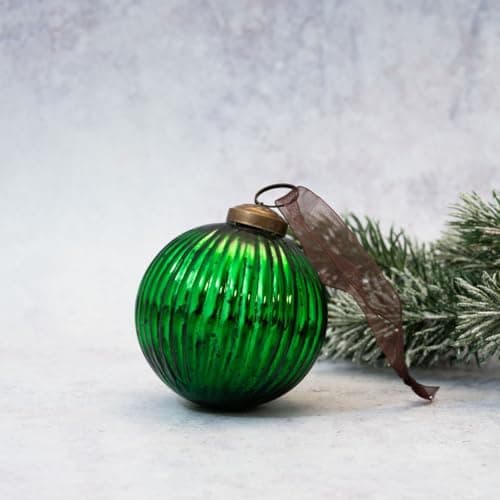 Image of Arthur Cameron - 3" Ribbed Vintage Christmas Decorations, Glass Bauble – Perfect as a Collectible Ornament, or an Elegant Glass Christmas Decoration for Festive Trees (Emerald)