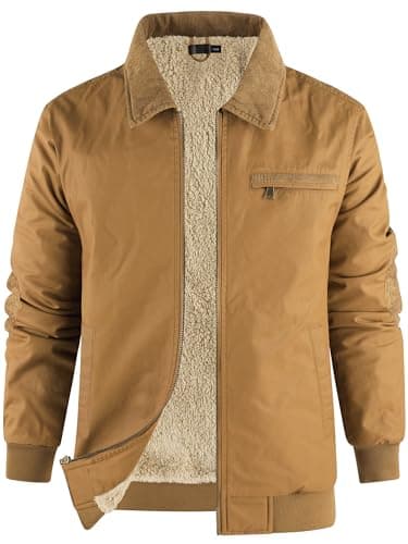 Image of Mr.Stream Men's Waxed Cotton Duck Canvas Water-Repellent Sherpa Lined Fleece Front-Zip Jackets, Yellow, S