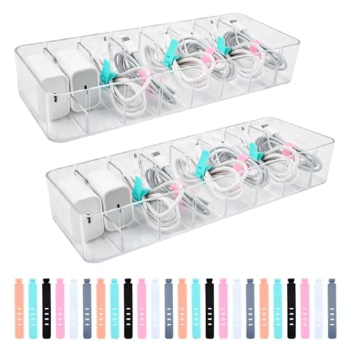 Image of DODUOS 2 Pack Cable Management Box with Lid, Clear Cable Storage Box, 8 Compartments Data Cable Organiser with 24 Wire Ties for Electrical Cables Organizer in Home Office