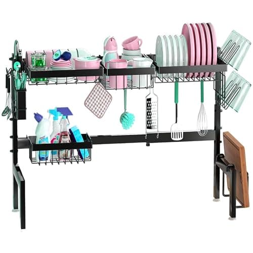 Image of ATEK Over the Sink Dish Drying Rack, 2-Tier Expandable (26"- 33.5") Metal Steel Kitchen Drying Rack with Utensil Holders, Cutting Board Slot, Glass & Plate Storage, Over Sink Drainer Racks, Black